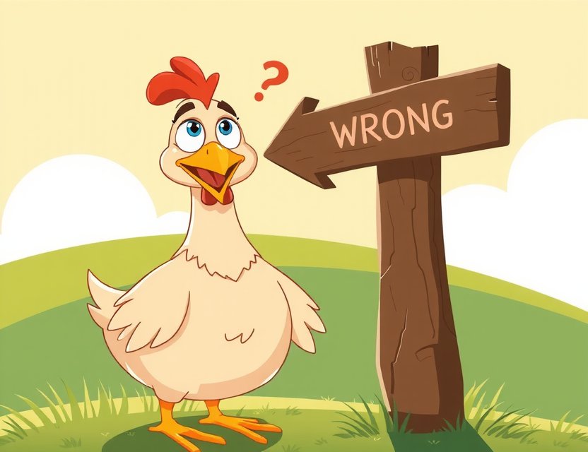 A curious cartoon chicken looking lost in a green field next to a broken signpost, symbolizing a page not found error