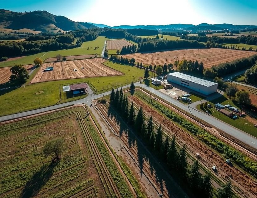 Aerial view of GameOriginX sustainable chicken farm in Pozuelo de Alarcón, Spain