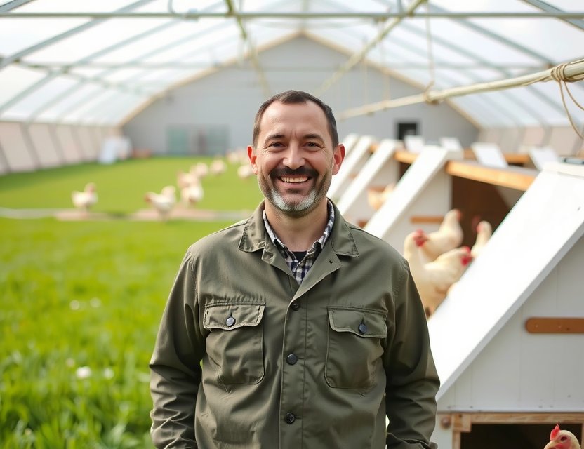 The founder of GameOriginX standing proudly in the lush farm fields, embodying the commitment to ethical chicken Spain